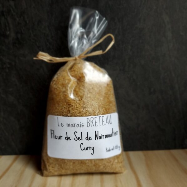 Le Marais Breteau - Production et vente de sel de Noirmoutier en Vendée 85 - Fleur de Sel de Noirmoutier curry - sachet plastique de 125g