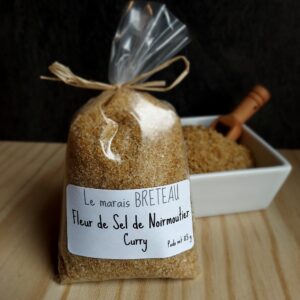 Le Marais Breteau - Production et vente de sel de Noirmoutier en Vendée 85 - Fleur de Sel de Noirmoutier curry - sachet plastique de 125g