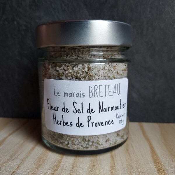 Le Marais Breteau - Production et vente de sel de Noirmoutier en Vendée 85 - Fleur de Sel de Noirmoutier herbes de Provence - sachet plastique de 125g