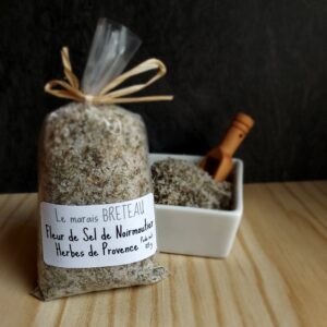 Le Marais Breteau - Production et vente de sel de Noirmoutier en Vendée 85 - Fleur de Sel de Noirmoutier herbes de Provence - sachet plastique de 125g