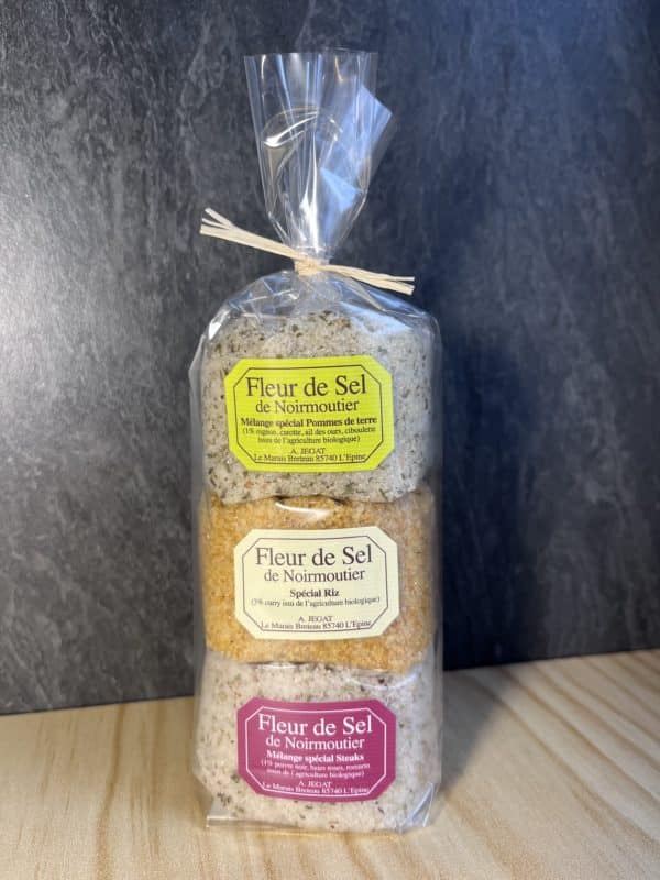 trio de fleur de sel aromatisées: Spécial Pommes de terre; Spécial riz; Spécial Steaks
